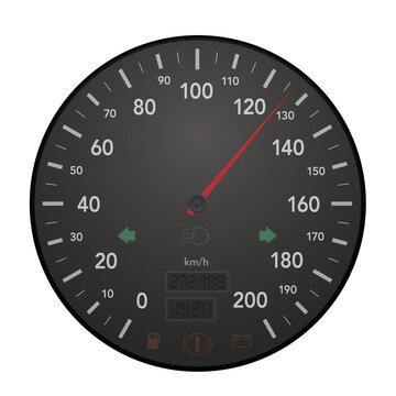 Speedo meter, full throttle, car cockpit display with scale from zero to 200 kmh. Speedometer with warning lights, red pointer, digital mileage, turn signal indicator. Isolated vector on white.
