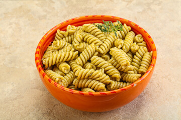 Italian pasta Fusilli with pesto