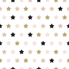 Vector seamless pattern with stars of rose, gold, and black. Shiny sparkling background with glitter on white.