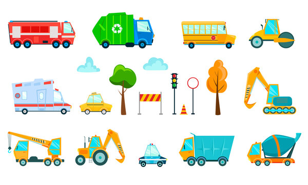 Great set of various transport types:construction equipment, city services, cars, trucks. Cartoon vector illustration 