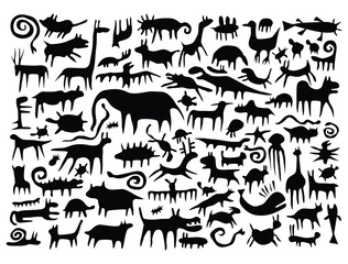 Animals in ancient era in silhouette style vector, old creatures black and white.
