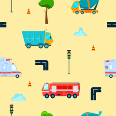 Truck pattern. City service vehicles and construction equipment. Cartoon style vector illustration