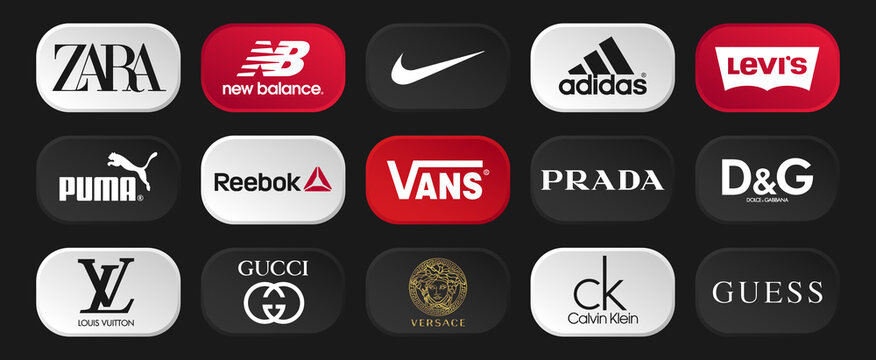 Vector logos of popular clothing brands such as: Chanel, Louis Vuitton,  Prada, Gucci, Fendi, Hugo Boss, Calvin Klein, Nike, Reebok Logos on an  isolated background for your design. Vector EPS 10 Stock