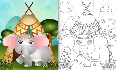 coloring book for kids with a cute tribal boho elephant character illustration