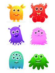 Cute cartoon scary monsters character. Colorful monsters, silhouette icon set Eyes, tongue, tooth canine, hands up. Vector illustration
