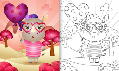 coloring book for kids with a cute rhino holding balloon themed valentine day