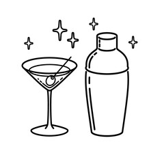 Martini Glass With Olive Shaker Outline. Icon Vector Illustration.