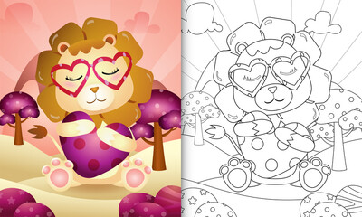 coloring book for kids with a cute lion hugging heart themed valentine day