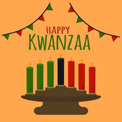 Happy Kwanzaa - text. African American ethnic cultural holiday. Candle holder kinara vector illustration isolated on white. Seven candles - black, red, white in candlestick. Festive flags decoration