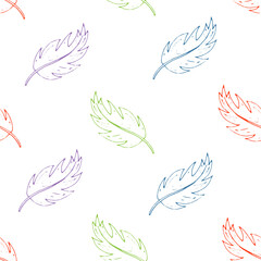 Seamless pattern contour of colors feathers. Hand drawing. Vector illustration. boho style. white background.