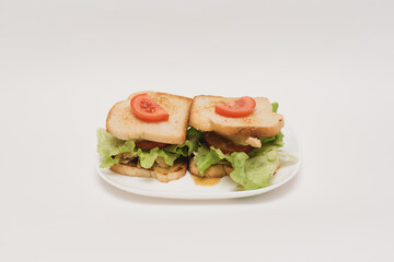 sandwich with tomatoes, chicken, cheese and salad on a white plate
