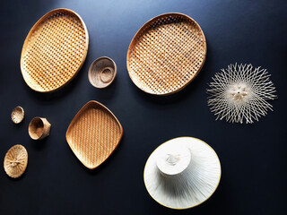 Threshing basket, tray and hat handicraft of bamboo hanging wall decoration.