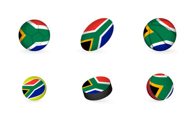Naklejka premium Sports equipment with flag of South Africa. Sports icon set.