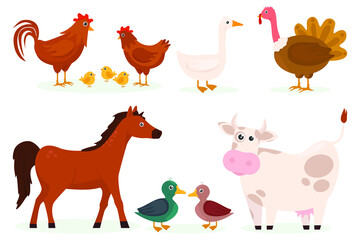 Set of cartoon farm animals characters. Cute cartoon animals collection: sheep, cow, donkey, horse, pig, duck, goose, chicken, rooster. Vector illustration
