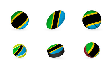 Sports equipment with flag of Tanzania. Sports icon set.