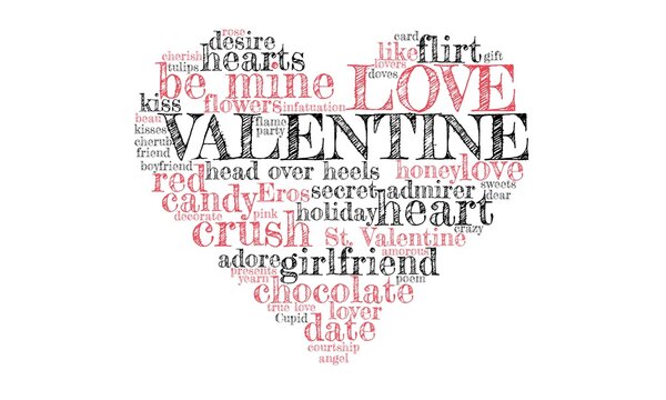 Sketch text word cloud forms the shape of a heart, tags referring to Valentine's Day, concept for love, romance, valentine