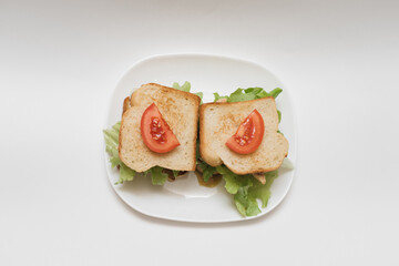 sandwich with tomatoes, chicken, cheese and salad on a white plate