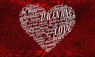 White text forms heart-shaped tag cloud against a deep red textured background, concept for Valentine's Day, hearts, love, passion, desire, romance
