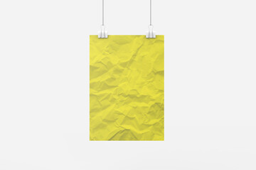 Folded blank posters hang with binder clips, white paper sheets with crossing creases and holders.3d illustration