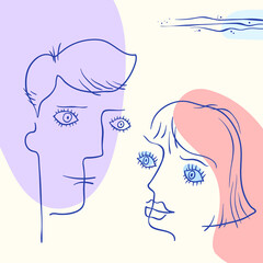 Trendy abstract background. Boy and girl faces. Minimal hand drawn geometric shapes composition. Pastel colorful pattern. Editable mask. Template for your design works. Vector illustration.