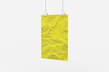 Folded blank posters hang with binder clips, white paper sheets with crossing creases and holders.3d illustration
