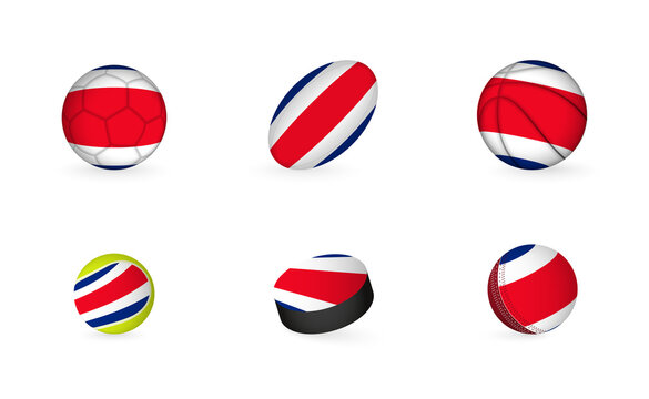 Sports equipment with flag of Costa Rica. Sports icon set.