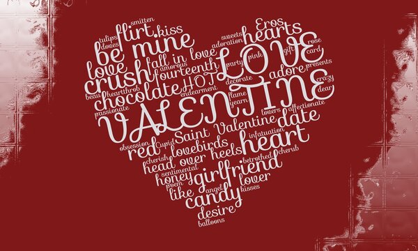 Frost bordered Valentine word cloud in the shape of a heart, concept for love, Valentine's Day, romance