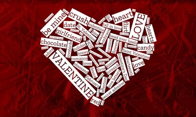 Magnetic poetry word cloud in the form of a heart, concept for Valentine's day, love, romance, 