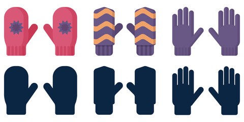 set for childrens games of various mittens and gloves and their silhouettes