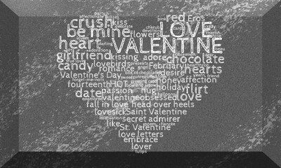 Heart-shaped word cloud in white text on a 3D marble block, concept for Valentine's Day, love, romance, elegance
