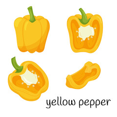 Fresh Yellow pepper. Whole, half in cross-section and a quarter slice. Ingredient,an element for the design of food packaging, recipes, and menus. Isolated on whitevector illustration in a flat style.