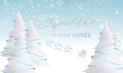 carte ou bandeau sur Joyeux Noël et Bonne Année en blanc sur un fond blanc à bleu ciel en dégradé ou tombe la neige avec des sapins blanc et le traineau du père Noël