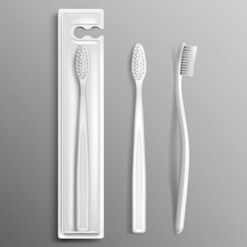 Toothbrush Package Mockup, Dental Care And Oral Hygiene Stomatological Products, Toiletries Packing White Templates, Tooth Brush Isolated On Grey Background. Realistic 3d Vector Illustration, Mock Up