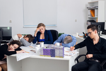 Exhausted architect team on a tiring meeting. Tough decision making, hard choices.