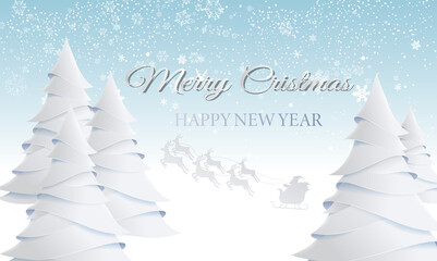 card or banner on Merry Christmas and Happy New Year in white on a white background to sky blue in gradient where snow is falling with white fir trees and Santa's sleigh