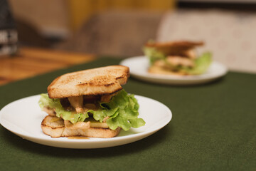 sandwich with tomatoes, chicken, cheese and salad on a green background