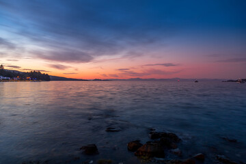 Sunset or dusk at Port Hardy, BC with Johnstone Strait in the background on Vancouver Island