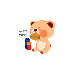 Isolated happy bear cartoon eating a burger. Vector illustration