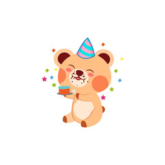 Isolated happy bear cartoon celebrating a birthday. Vector illustration