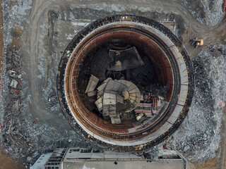 Aerial view of demolition site. Process of demolition of old industrial building