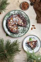 Homemade chocolate cheesecake with caramel almond slices