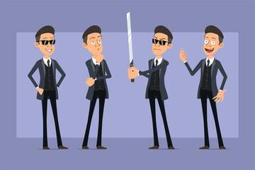 Cartoon flat funny mafia man character in black coat and sunglasses. Boy thinking, posing and holding asian samurai sword. Ready for animation. Isolated on violet background. Vector set.