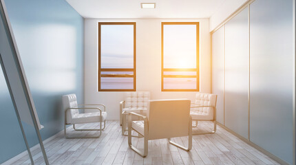 Modern office building interior. 3D rendering.. Sunset.