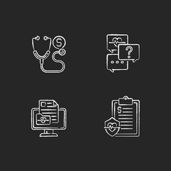 Fototapeta na wymiar Full-service telehealth platform chalk white icons set on black background. Consultation fee. Free question to specialist. Doctor check up cost. Isolated vector chalkboard illustrations