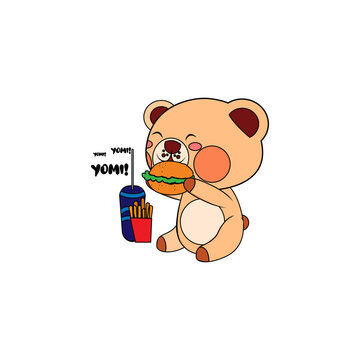Isolated happy bear cartoon eating a burger. Vector illustration