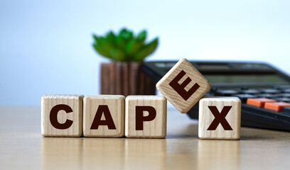 CAPEX - the word on the cubes on the background of the calculator and cactus - obrazy, fototapety, plakaty
