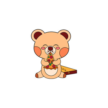 Isolated happy bear cartoon eating a pizza. Vector illustration