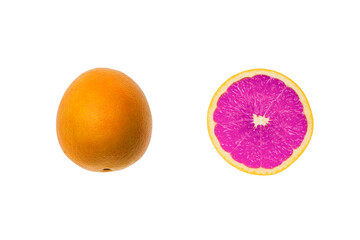 simple purple orange citrus fruit isolated on white background, creative unique idea