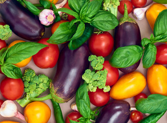 Frame of various  vegetables on background, top view.