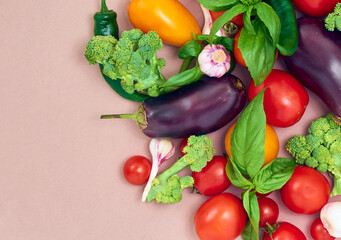 Frame of various  vegetables on background, top view.